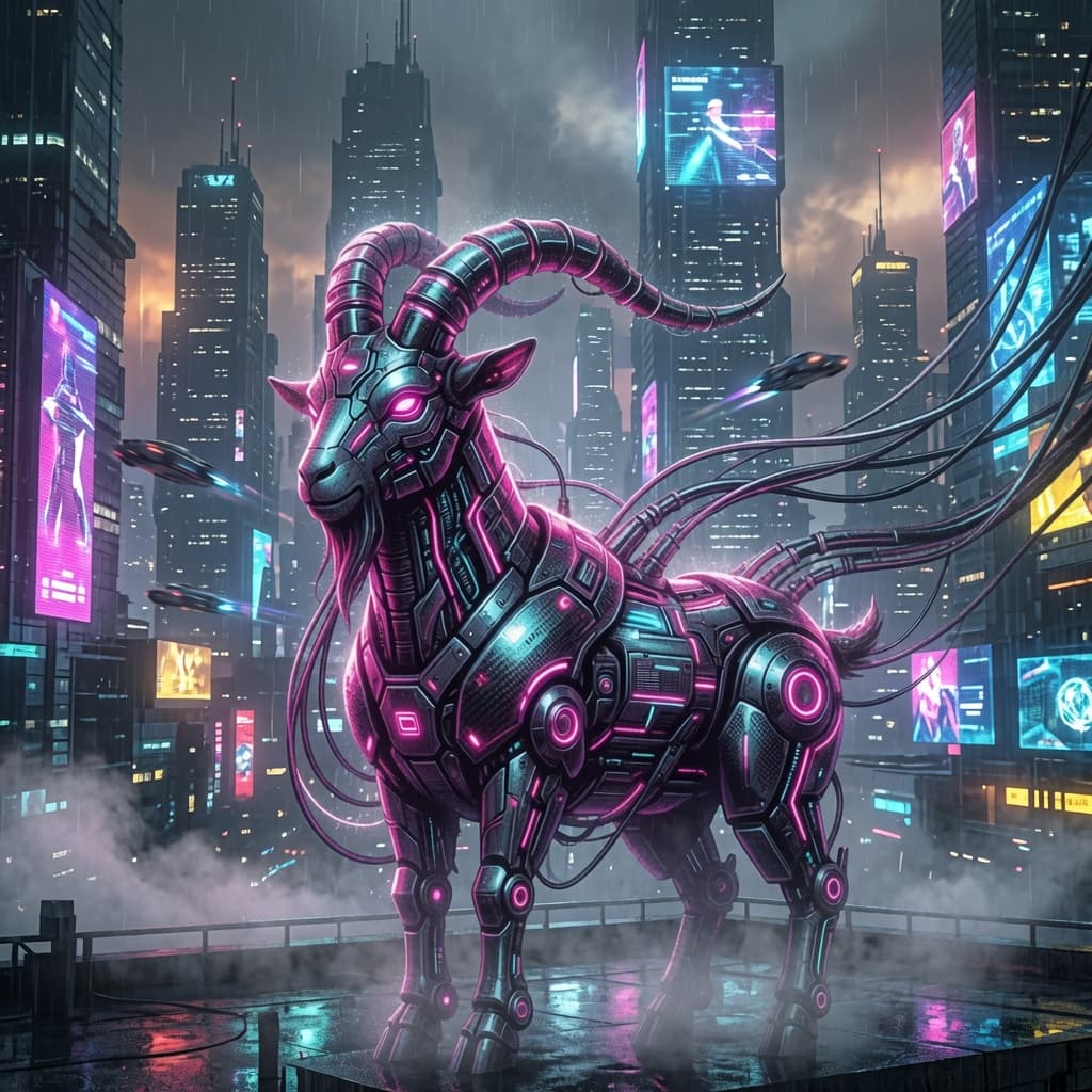 Golden cyber goat among floating temples